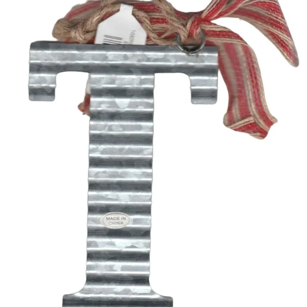 Kirklands Letter T Ornament Galvanized Silver Crimped Metal Christmas Initial